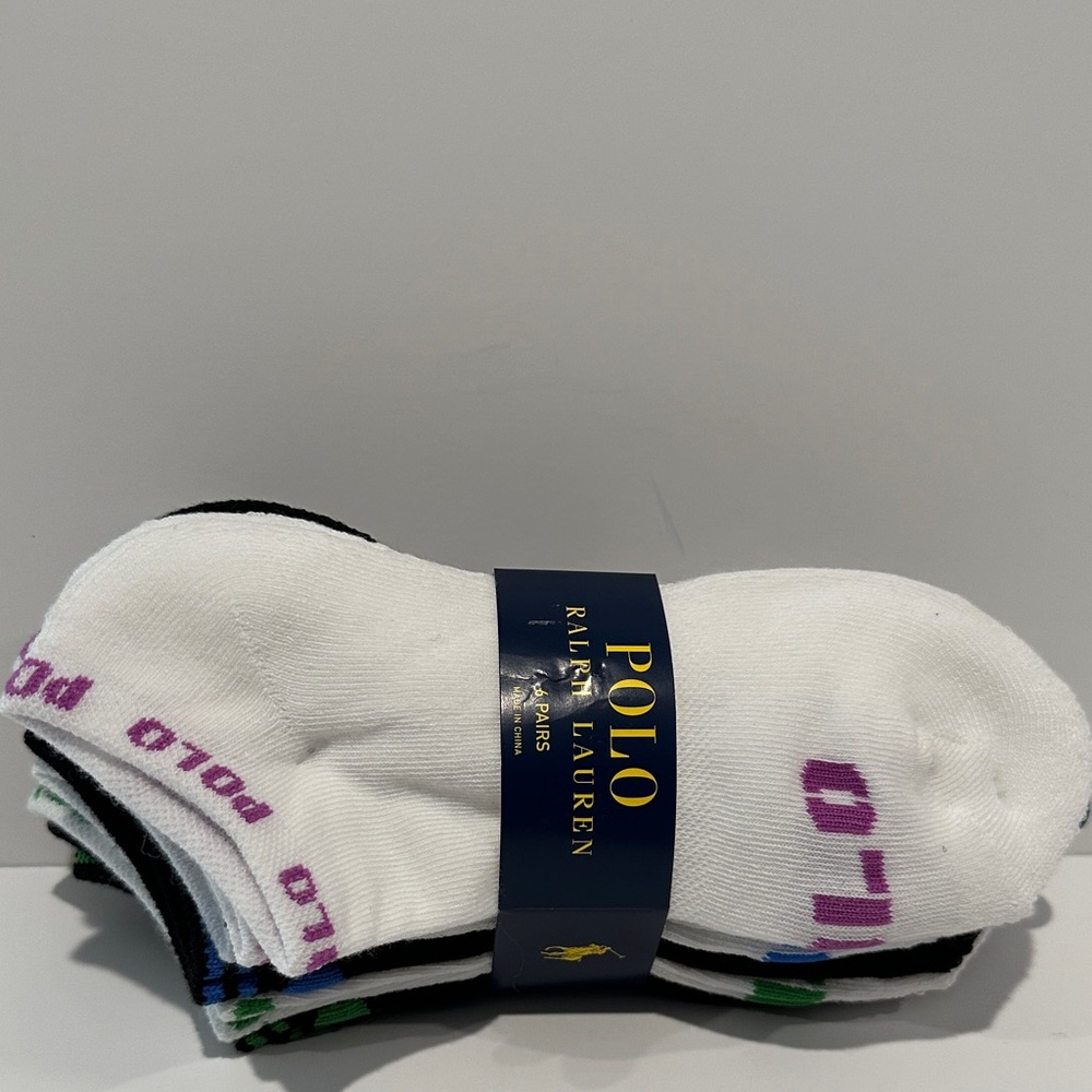 NWT Poli Ralph Lauren Ankle Fit (6) Pairs Multi-Color Socks with Polo toes/ankle